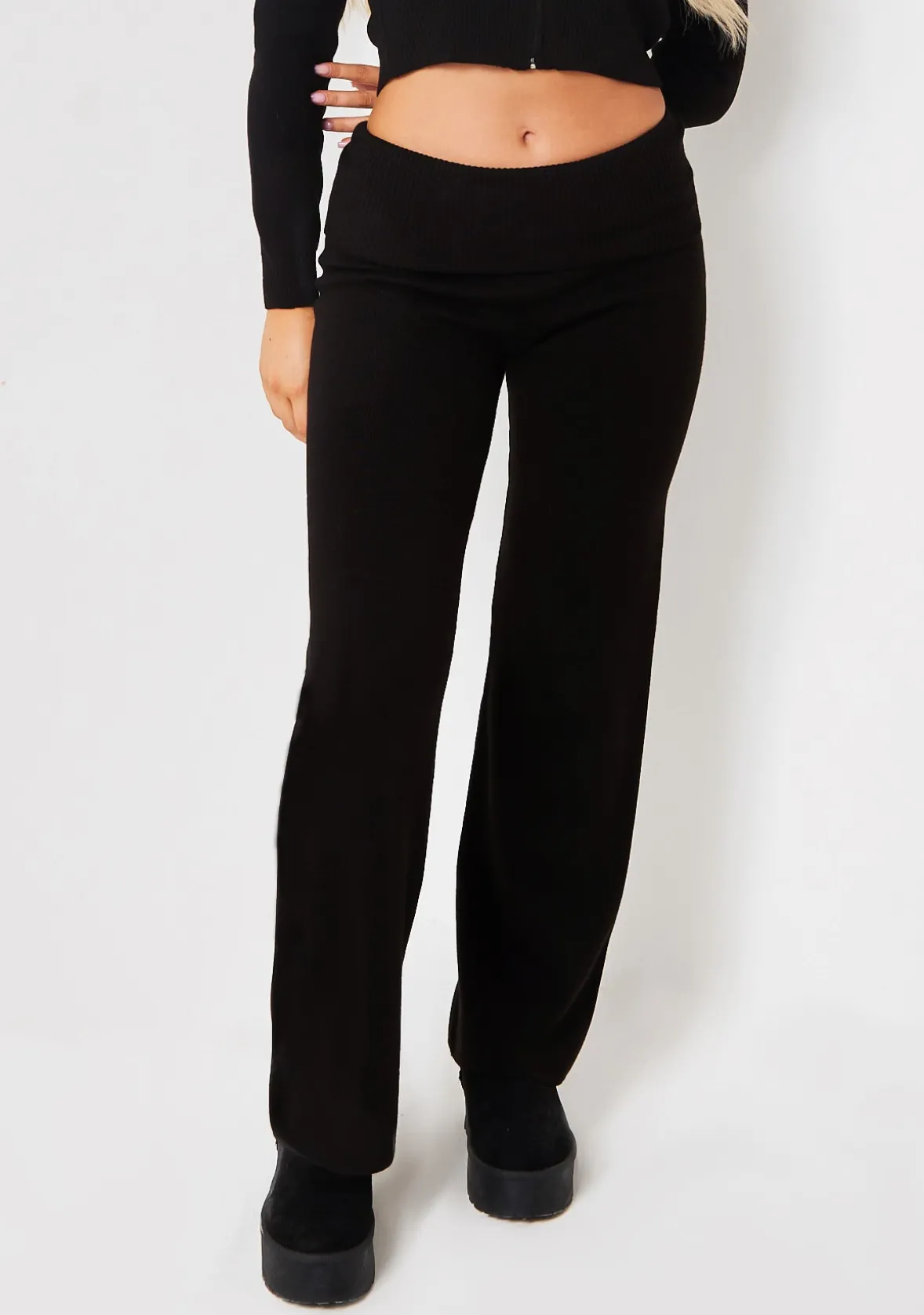 Rina Black Knit Fold Over Waist Flare Trousers