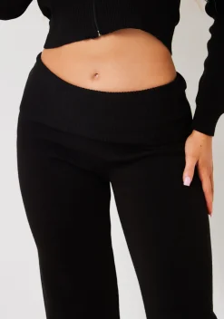 Rina Black Knit Fold Over Waist Flare Trousers