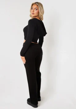 Rina Black Knit Fold Over Waist Flare Trousers