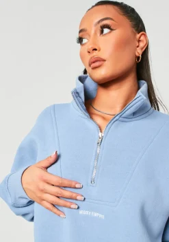 Rivka Pastel Blue Embroidered Half Zip Oversized Sweatshirt