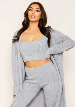 Rocha Light Grey Cable Knitted Long Oversized Cardigan