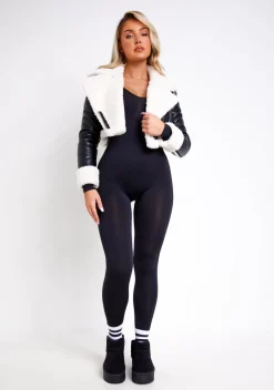Rosie Black Faux Fur Trim Crop Aviator Jacket