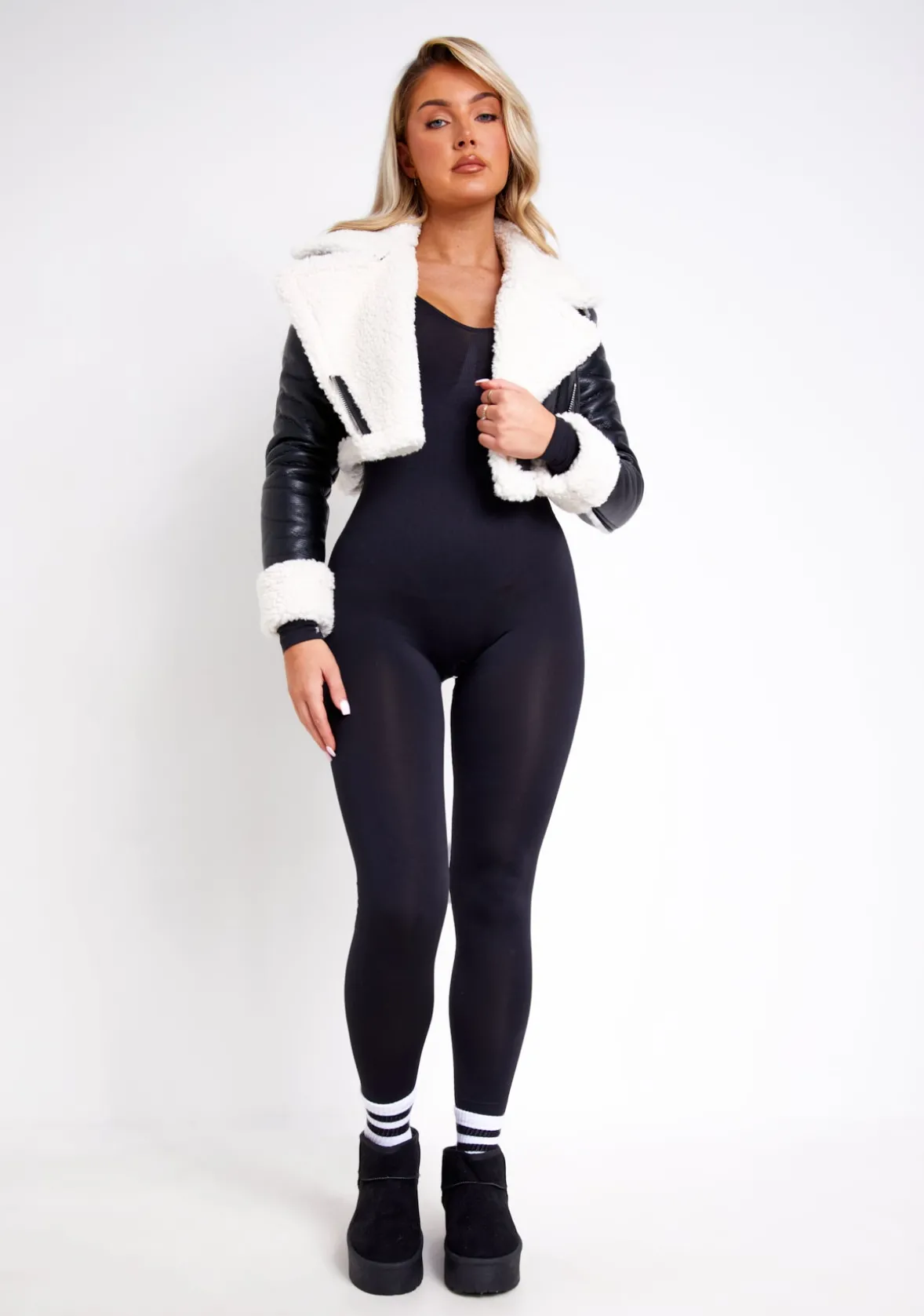 Rosie Black Faux Fur Trim Crop Aviator Jacket