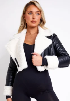 Rosie Black Faux Fur Trim Crop Aviator Jacket