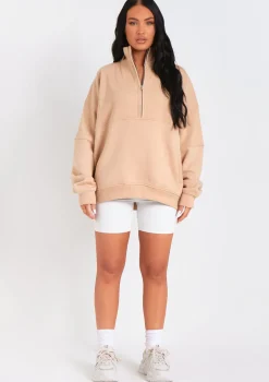 Roxy Beige Premium Ribbed Panelled Half Zip Sweatshirt