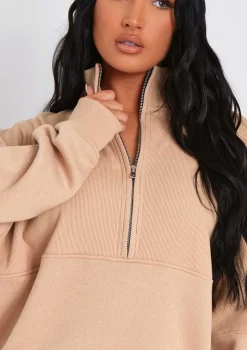 Roxy Beige Premium Ribbed Panelled Half Zip Sweatshirt