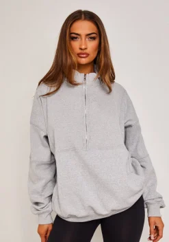 Roxy Light Grey Premium Ribbed Panelled Half Zip Sweatshirt