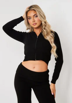 Rylee Black Knit Zip Through Hooded Jacket