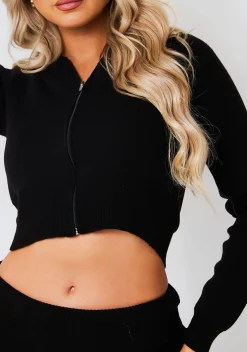 Rylee Black Knit Zip Through Hooded Jacket