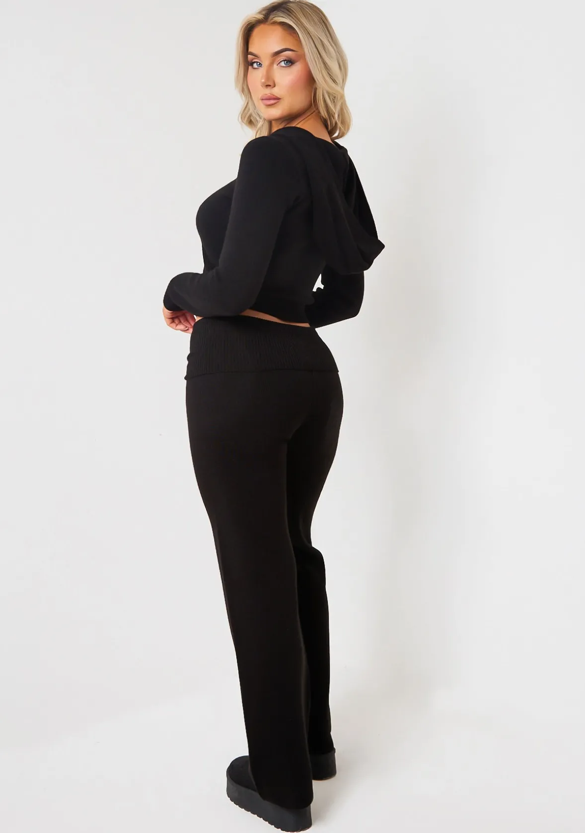 Rylee Black Knit Zip Through Hooded Jacket