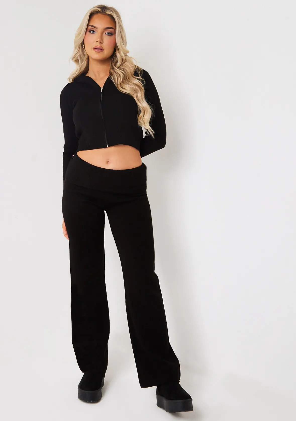Rylee Black Knit Zip Through Hooded Jacket