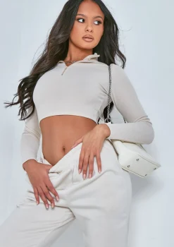 Sade Stone Soft Rib Zip Up Long Sleeve Crop Top