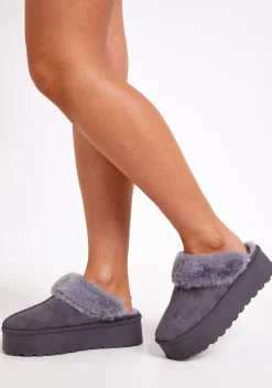 Sara Grey Faux Fur Lined Platform Slippers