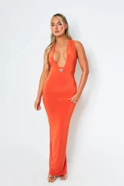 Sara Orange Backless Halterneck Maxi Dress