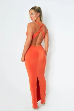 Sara Orange Backless Halterneck Maxi Dress