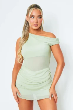 Sarah Sage One Shoulder Double Layer Mesh Mini Dress
