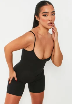 Sariah Black Ribbed Seamless Strappy Unitard