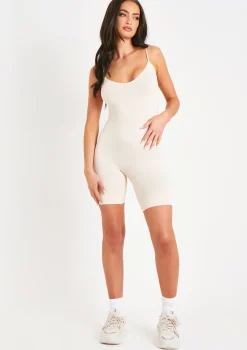 Sariah Cream Ribbed Seamless Strappy Unitard