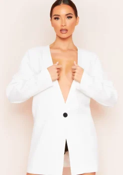 Sasha White Plunge Collarless Longline Oversized Blazer