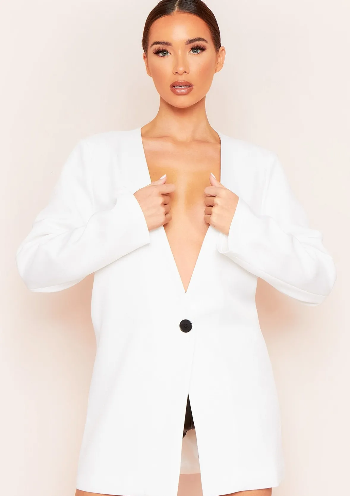 Sasha White Plunge Collarless Longline Oversized Blazer