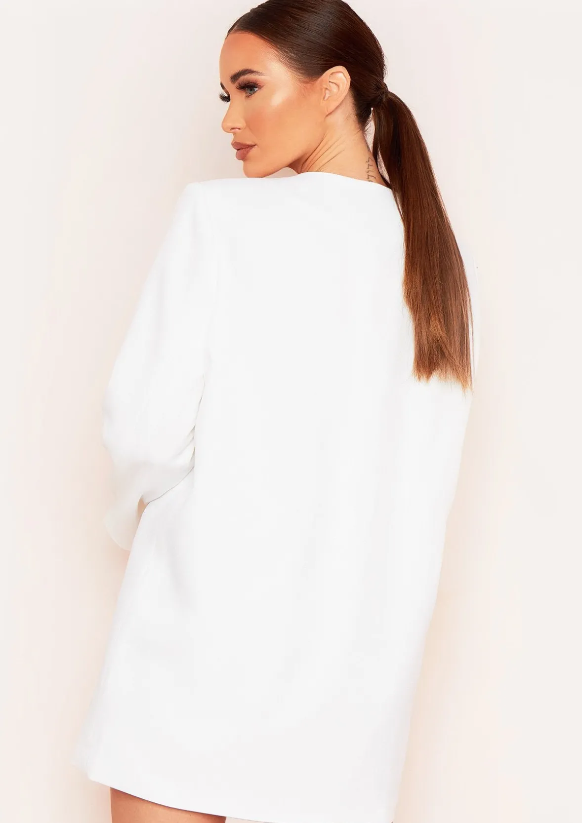 Sasha White Plunge Collarless Longline Oversized Blazer