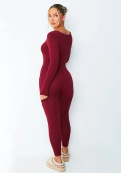 Savannah Burgundy Knitted Long Sleeve Jumpsuit