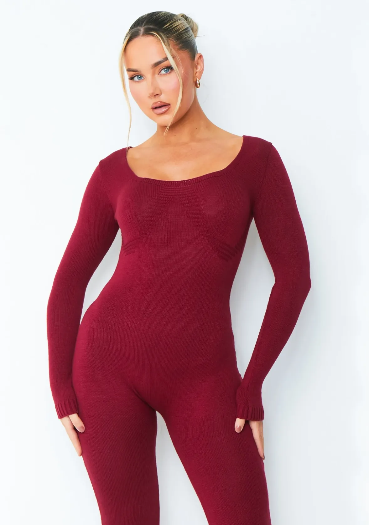 Savannah Burgundy Knitted Long Sleeve Jumpsuit