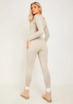 Savannah Oatmeal Knitted Long Sleeve Jumpsuit