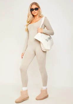 Savannah Oatmeal Knitted Long Sleeve Jumpsuit