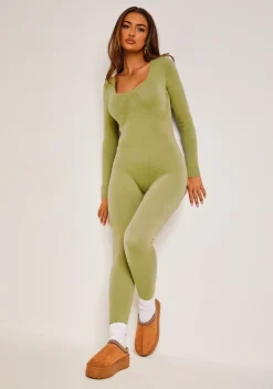 Savannah Olive Knitted Long Sleeve Jumpsuit