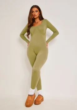 Savannah Olive Knitted Long Sleeve Jumpsuit