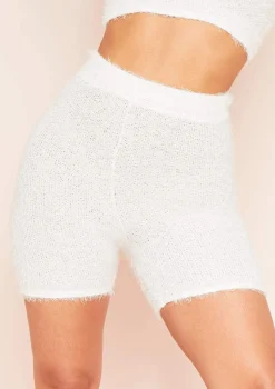 Seena White Fluffy Knit High Waist Shorts