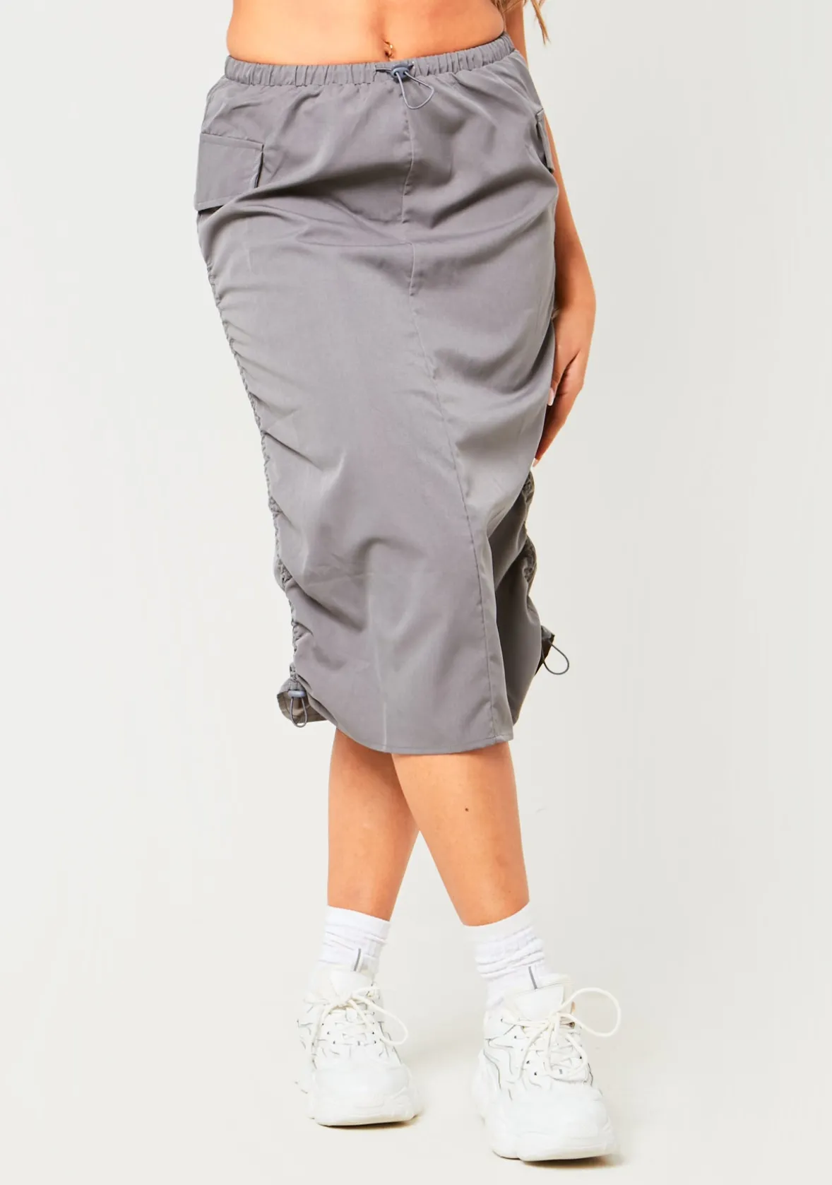 Sienna Charcoal Parachute Ruched Side Cargo Midi Skirt
