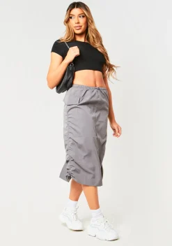 Sienna Charcoal Parachute Ruched Side Cargo Midi Skirt