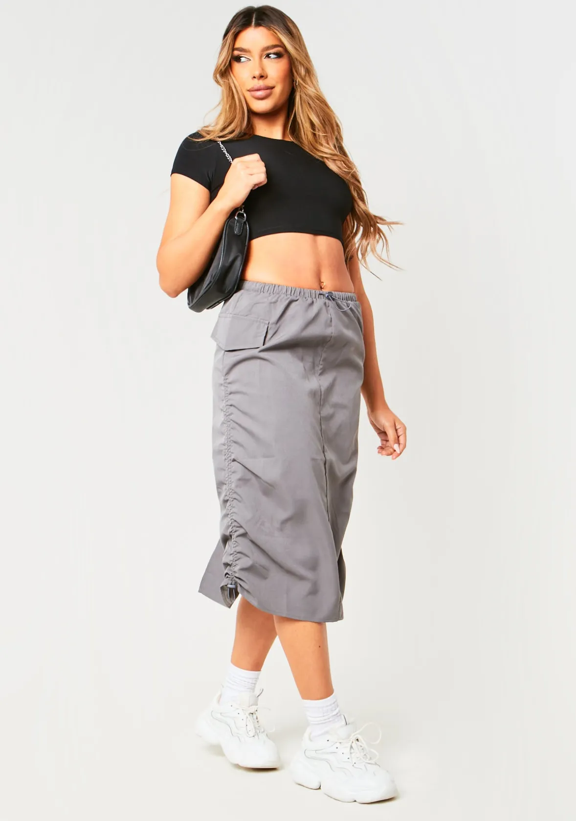 Sienna Charcoal Parachute Ruched Side Cargo Midi Skirt