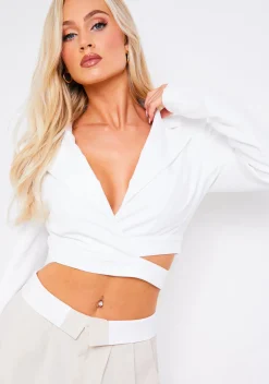 Sienna White Wrap Cut Out Detail Cropped Blazer