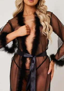 Sierra Black Fluffy Trim Tie Waist Lingerie Nightgown