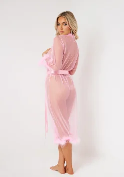 Sierra Pink Fluffy Trim Maxi Dressing Gown