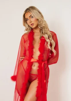 Sierra Red Fluffy Trim Maxi Dressing Gown