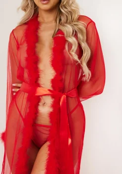 Sierra Red Fluffy Trim Maxi Dressing Gown