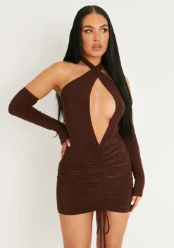 Simone Chocolate Cut Out Cold Shoulder Ruched Mini Dress