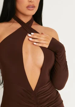 Simone Chocolate Cut Out Cold Shoulder Ruched Mini Dress