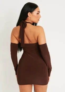 Simone Chocolate Cut Out Cold Shoulder Ruched Mini Dress