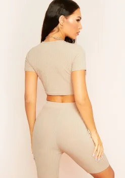 Sofia Mocha Knot Front Cap Sleeve Rib Crop T-Shirt