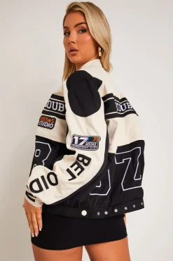 Sofie Black Multi-Patch 2-in-1 Detachable Cropped Racing Jacket