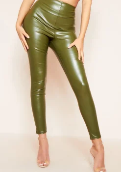 Tallis Khaki High Waisted Vegan Leather Smooth Finish Leggings