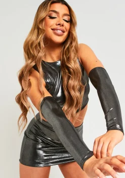 Tanya Silver Metallic Crop Top With Separate Sleeves