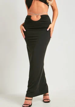 Tayla Black Diamante Trim Double Layer Maxi Skirt