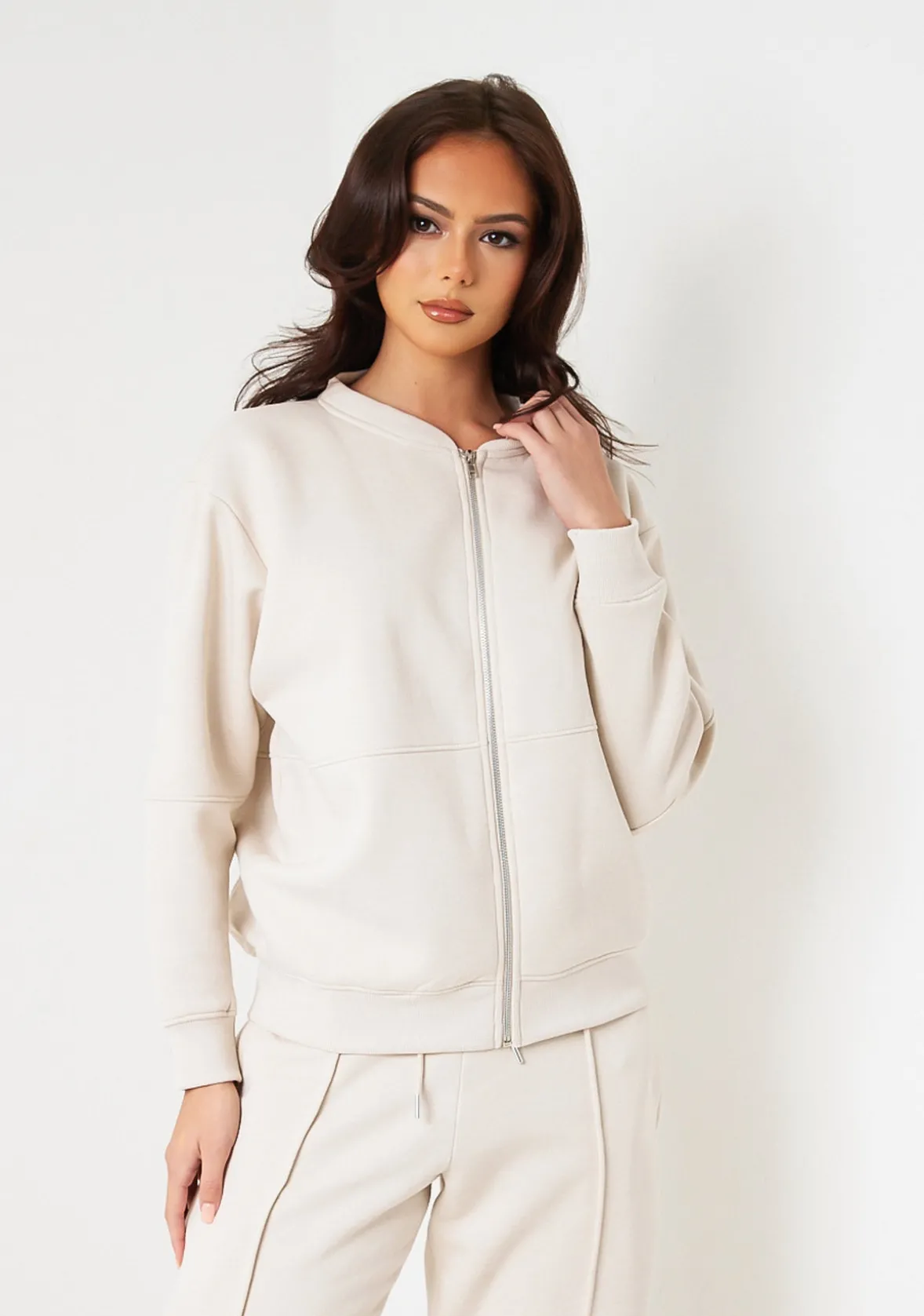 Tess Cream Bomber Jacket Sweatshirt