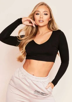 Tilda Black Basic Jersey V Plunge Crop Top